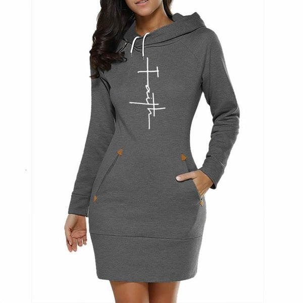 For Women Faith Letters Print Long Dress Hoodies Sweatshirt Femmes Kawaii Tops Thick Cute Youth Cotton And Sweatshirts