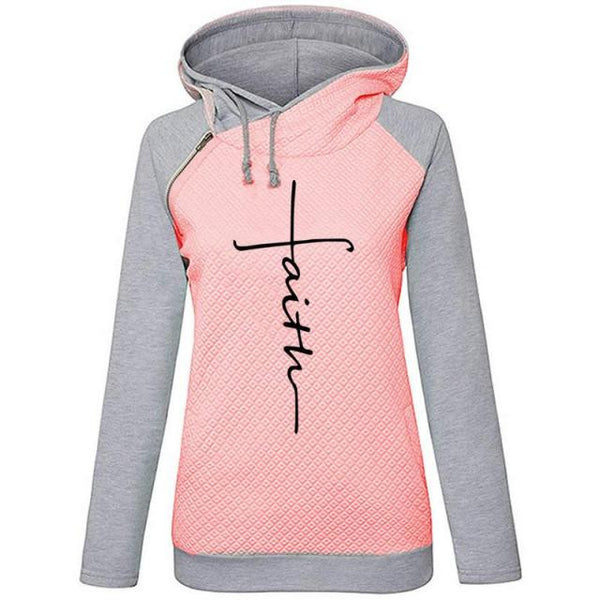 Autumn Winter Patchwork Hoodies Sweatshirts Women Faith Cross Embroidered Long Sleeve Sweatshirts Female Warm Pullover Tops