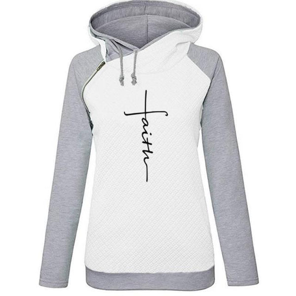 Autumn Winter Patchwork Hoodies Sweatshirts Women Faith Cross Embroidered Long Sleeve Sweatshirts Female Warm Pullover Tops