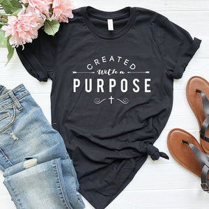 Created with A Purpose Cross T Shirts Casual Women Christian Faith Tee Shirt Femme Tumblr Grunge Short Sleeve Top Drop Shipping