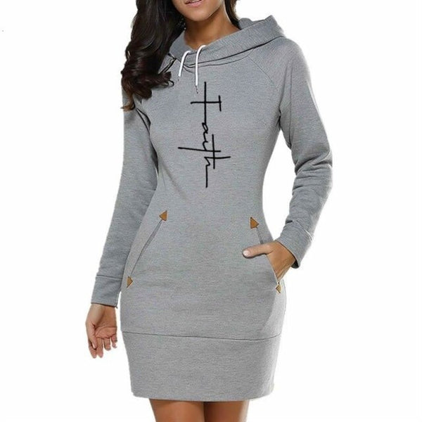 For Women Faith Letters Print Long Dress Hoodies Sweatshirt Femmes Kawaii Tops Thick Cute Youth Cotton And Sweatshirts