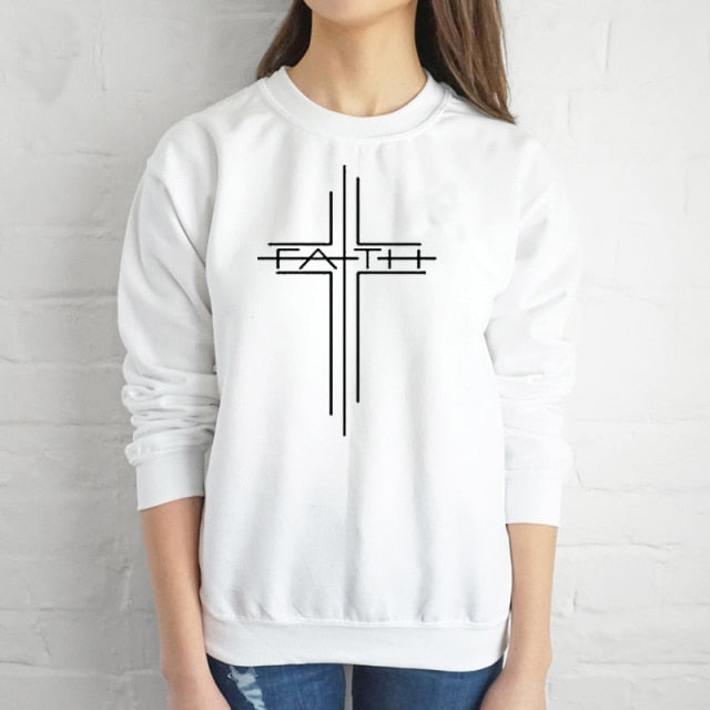 Women Causal Christian O Neck Pullover Hoodie Spring Autumn Woman Clothes Jumper Top Faith Cross Graphic Sweatshirt