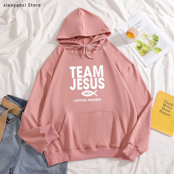 Team Jesus women hoodies Fish Print Life Time Member Creative Design Faith Element sportswear pullovers Cotton sweatshirts