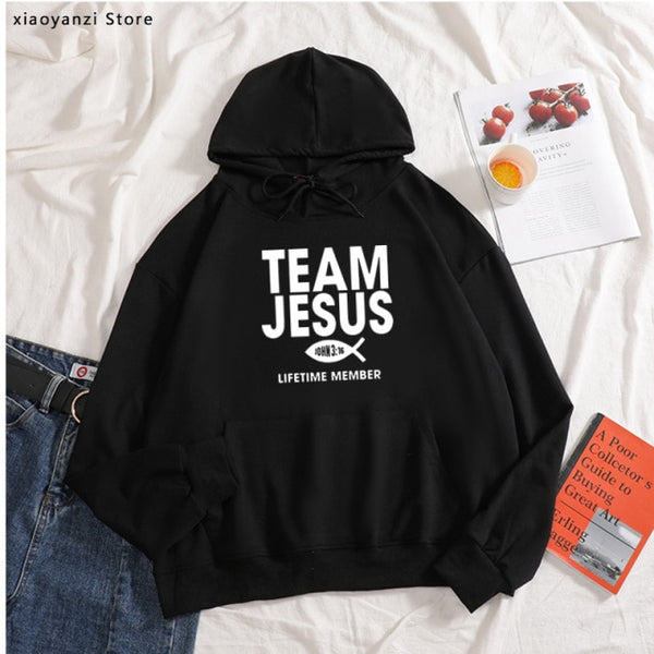 Team Jesus women hoodies Fish Print Life Time Member Creative Design Faith Element sportswear pullovers Cotton sweatshirts