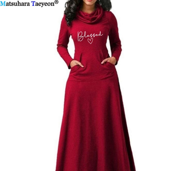 Blessed Letter Print Dress Women With Pocket Long Sleeve Christian 90s Girl Aesthetic Faith Jesus dresses Long Elegant