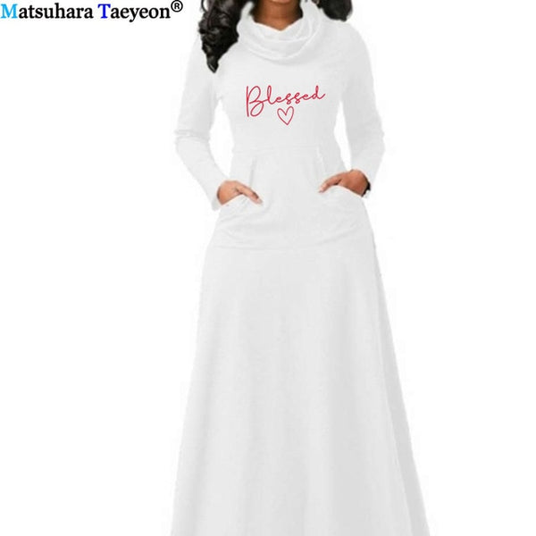 Blessed Letter Print Dress Women With Pocket Long Sleeve Christian 90s Girl Aesthetic Faith Jesus dresses Long Elegant