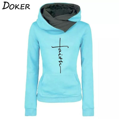 Autumn Winter Hoodies Sweatshirts Women Faith Embroidered Sweatshirt Long Sleeve Pullovers Christmas Casual Warm Hooded Tops