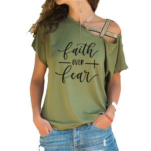 Faith Over Fear Women T-shirts Summer femme cotton Irregular Skew Cross Bandage Tops