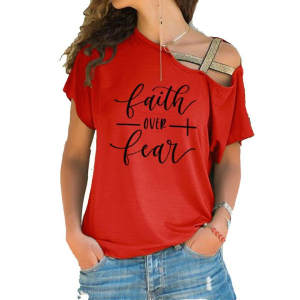 Faith Over Fear Women T-shirts Summer femme cotton Irregular Skew Cross Bandage Tops