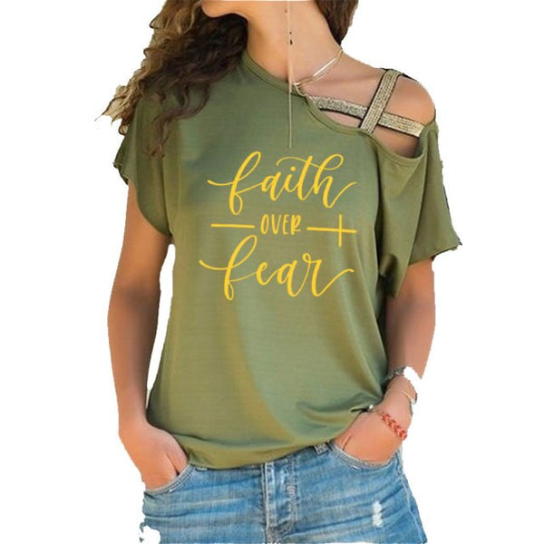 Faith Over Fear Women T-shirts Summer femme cotton Irregular Skew Cross Bandage Tops