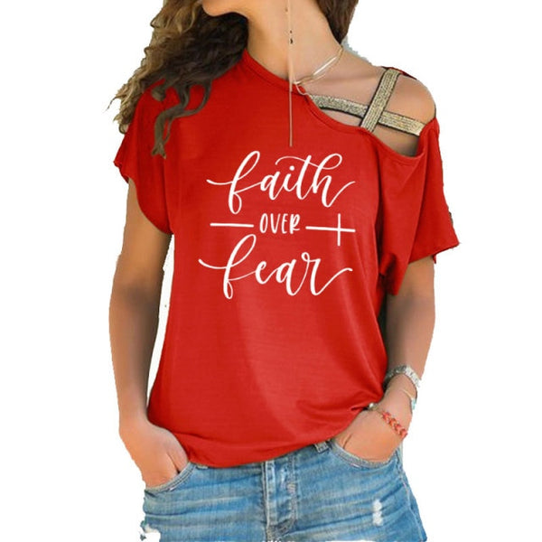 Faith Over Fear Women T-shirts Summer femme cotton Irregular Skew Cross Bandage Tops