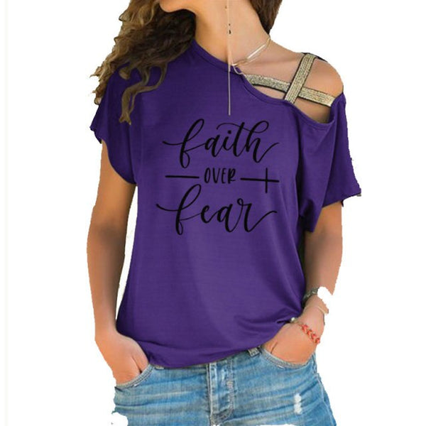 Faith Over Fear Women T-shirts Summer femme cotton Irregular Skew Cross Bandage Tops