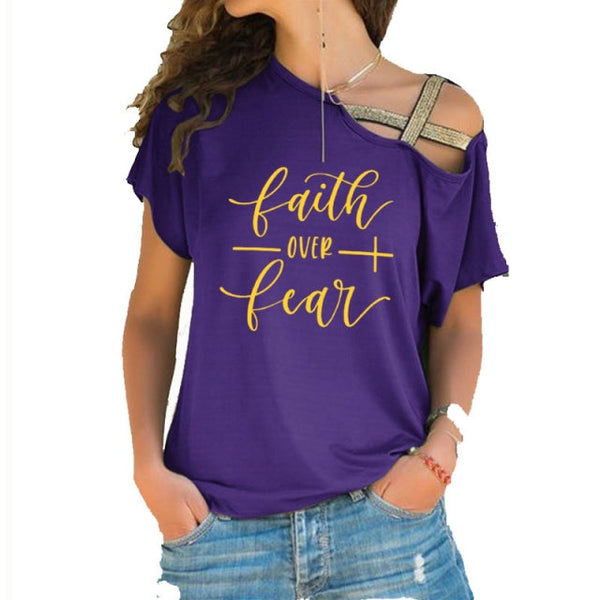 Faith Over Fear Women T-shirts Summer femme cotton Irregular Skew Cross Bandage Tops