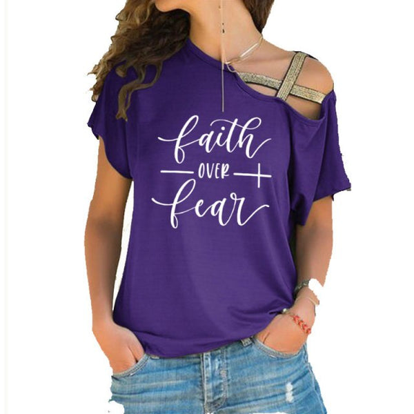 Faith Over Fear Women T-shirts Summer femme cotton Irregular Skew Cross Bandage Tops