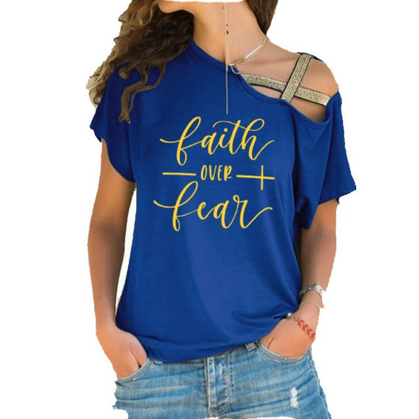 Faith Over Fear Women T-shirts Summer femme cotton Irregular Skew Cross Bandage Tops