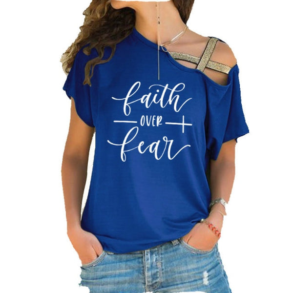 Faith Over Fear Women T-shirts Summer femme cotton Irregular Skew Cross Bandage Tops