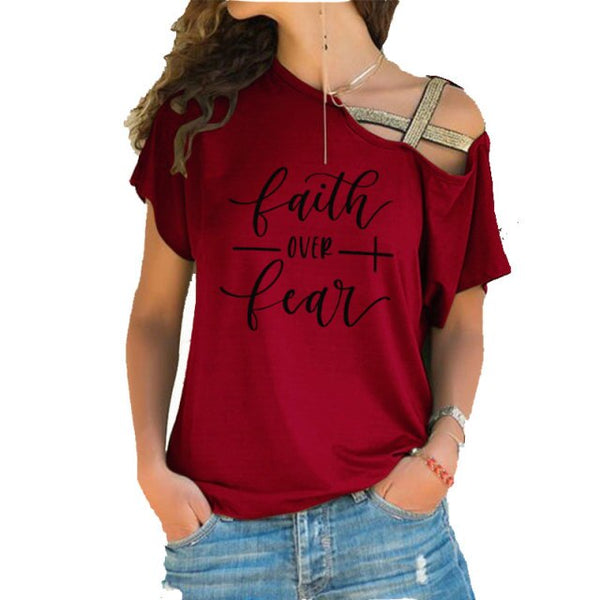 Faith Over Fear Women T-shirts Summer femme cotton Irregular Skew Cross Bandage Tops