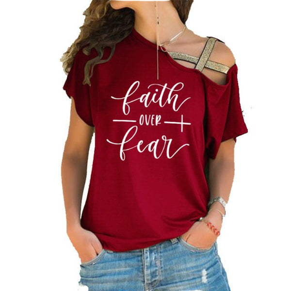 Faith Over Fear Women T-shirts Summer femme cotton Irregular Skew Cross Bandage Tops