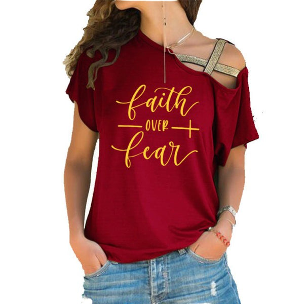 Faith Over Fear Women T-shirts Summer femme cotton Irregular Skew Cross Bandage Tops