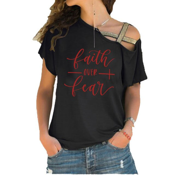 Faith Over Fear Women T-shirts Summer femme cotton Irregular Skew Cross Bandage Tops