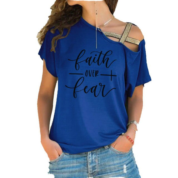 Faith Over Fear Women T-shirts Summer femme cotton Irregular Skew Cross Bandage Tops