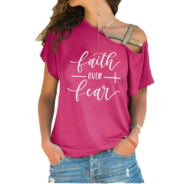 Faith Over Fear Women T-shirts Summer femme cotton Irregular Skew Cross Bandage Tops