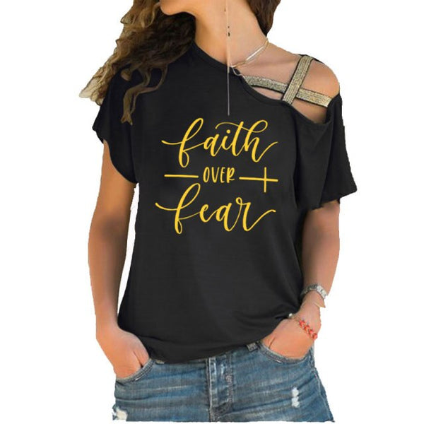 Faith Over Fear Women T-shirts Summer femme cotton Irregular Skew Cross Bandage Tops