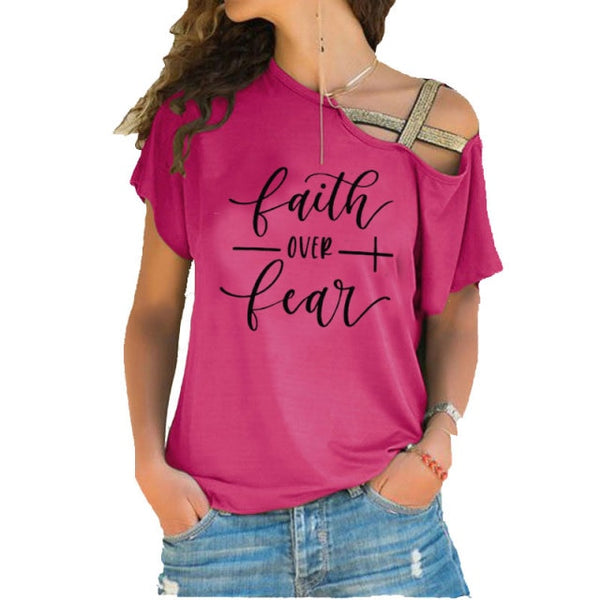 Faith Over Fear Women T-shirts Summer femme cotton Irregular Skew Cross Bandage Tops