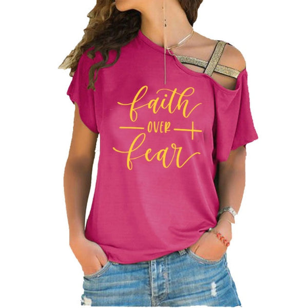 Faith Over Fear Women T-shirts Summer femme cotton Irregular Skew Cross Bandage Tops