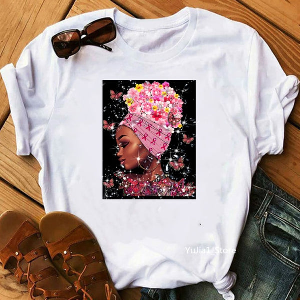 Fight Breast Cancer Black Queen Girl Print Magic T-Shirt Women Fashion Dope Educated Melanin Shirt Summer Top Female Clothes