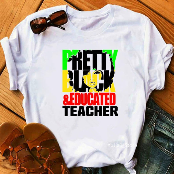 Fight Breast Cancer Black Queen Girl Print Magic T-Shirt Women Fashion Dope Educated Melanin Shirt Summer Top Female Clothes