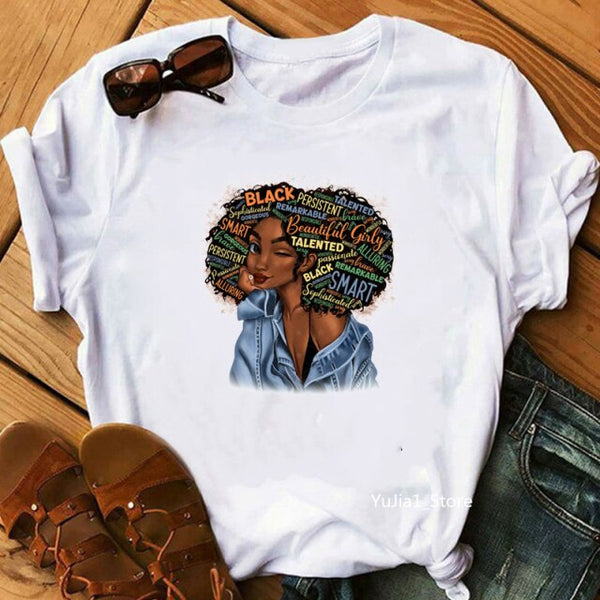 Fight Breast Cancer Black Queen Girl Print Magic T-Shirt Women Fashion Dope Educated Melanin Shirt Summer Top Female Clothes