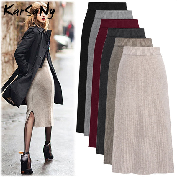 KarSaNy Autumn Winter Knit Pencil Skirt Women Plus Size High Waist Skirts Womens Knited Split Midi Skirt For Women Autumn 6XL