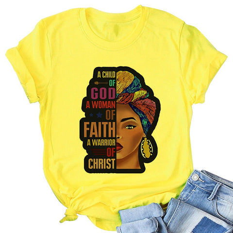 A CHILD OF GOD A WOMANOF FAITH woman tshirt yellow ladies clothes African black girl history month female Tshirt melanin T shirt