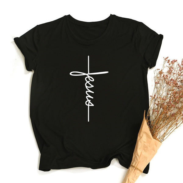 Jesus Cross Print Women T-shirt Christian Tops Harajuku Faith Love Hope Graphic Tees Female T Shirts Casual Tees Camisetas Mujer