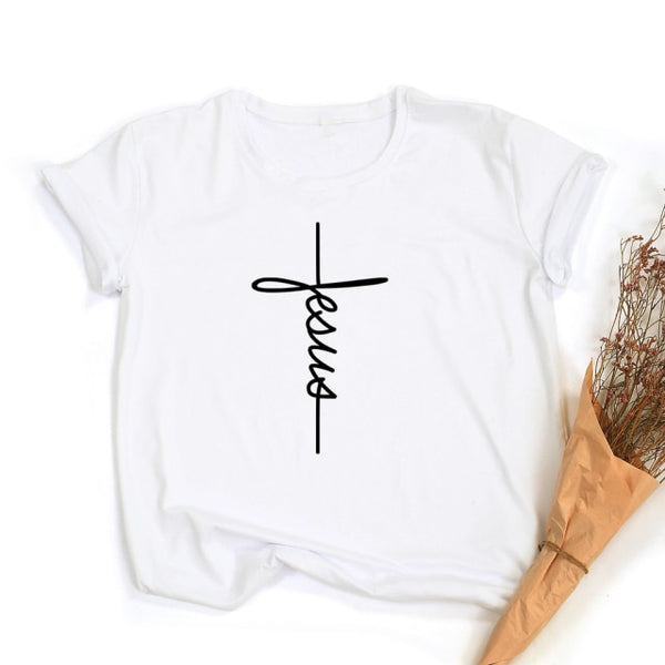 Jesus Cross Print Women T-shirt Christian Tops Harajuku Faith Love Hope Graphic Tees Female T Shirts Casual Tees Camisetas Mujer