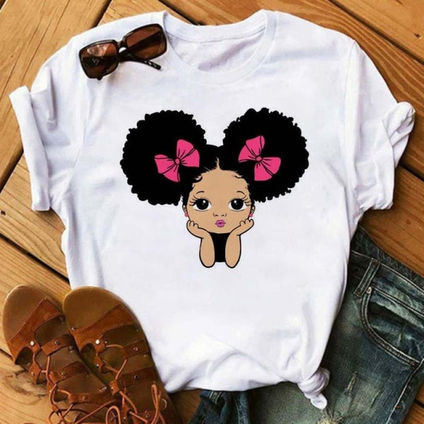 Maycaur Harajuku Black African Curly Hair Girls Tshirt Women Cartoon Graphic Print Tops Female T-shirt Cute Tee Friends T Shirts