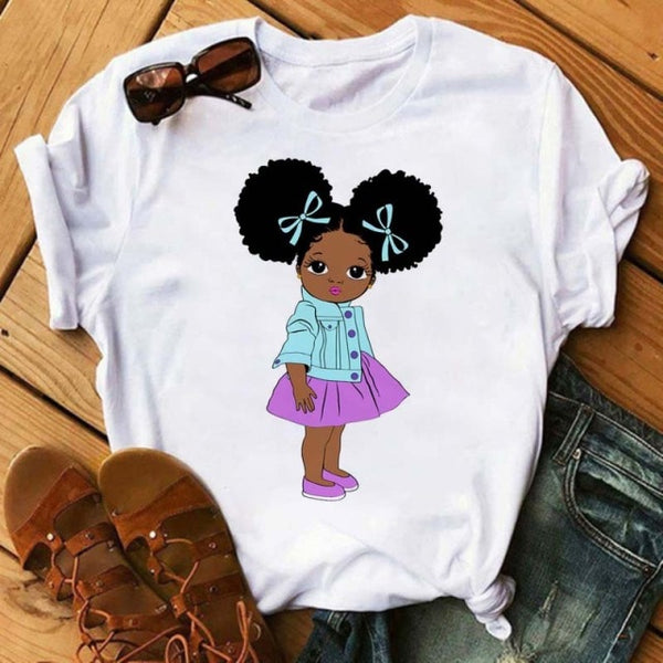 Maycaur Harajuku Black African Curly Hair Girls Tshirt Women Cartoon Graphic Print Tops Female T-shirt Cute Tee Friends T Shirts