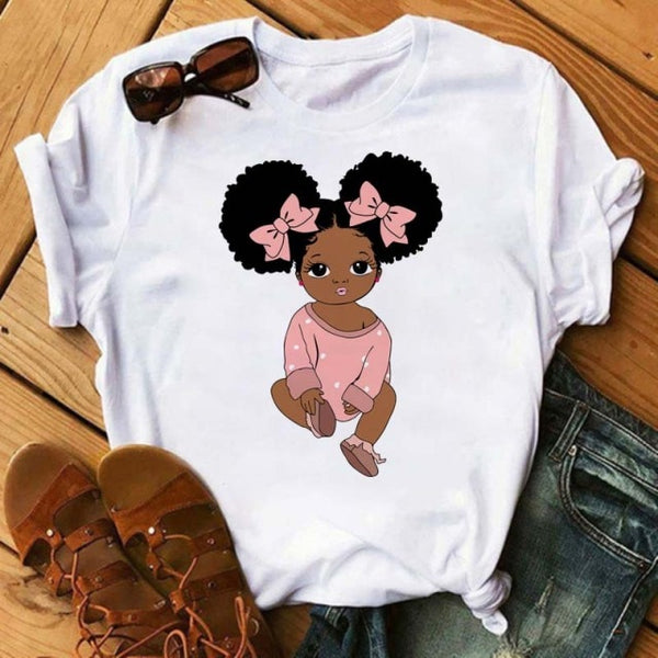 Maycaur Harajuku Black African Curly Hair Girls Tshirt Women Cartoon Graphic Print Tops Female T-shirt Cute Tee Friends T Shirts