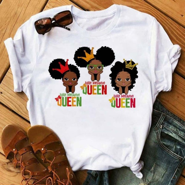 Maycaur Harajuku Black African Curly Hair Girls Tshirt Women Cartoon Graphic Print Tops Female T-shirt Cute Tee Friends T Shirts