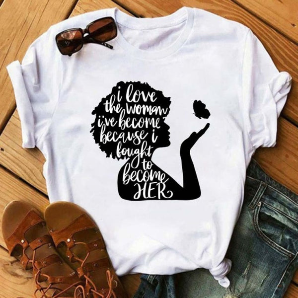 Maycaur Women Beautiful African White Funny Print T Shirt Girl Black Queen Harajuku Ulzzang Kawaii 90s Short Sleeves Clothes