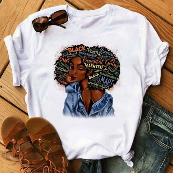 Maycaur Women Beautiful African White Funny Print T Shirt Girl Black Queen Harajuku Ulzzang Kawaii 90s Short Sleeves Clothes