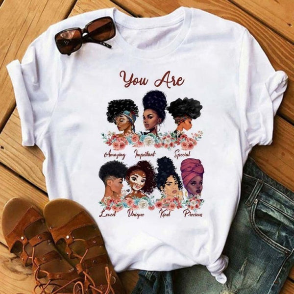 Maycaur Women Beautiful African White Funny Print T Shirt Girl Black Queen Harajuku Ulzzang Kawaii 90s Short Sleeves Clothes