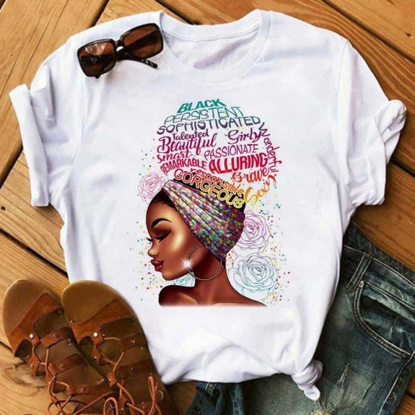 Maycaur Women Beautiful African White Funny Print T Shirt Girl Black Queen Harajuku Ulzzang Kawaii 90s Short Sleeves Clothes