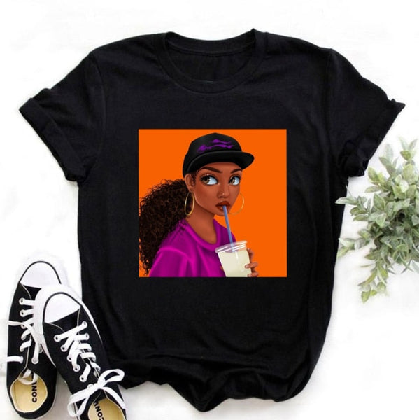 ZOGANKIN Female Summer Fashion Short Sleeve Tshirts Cool Melanin Black Girl Graphic Printed Women Black T-shirt Casual Tops Tee