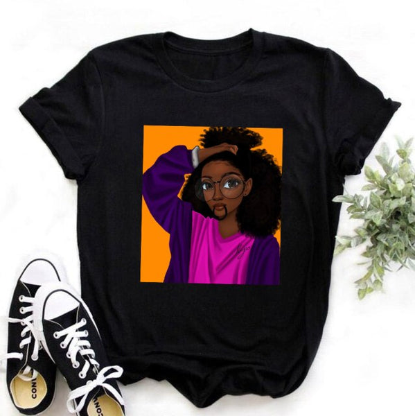 ZOGANKIN Female Summer Fashion Short Sleeve Tshirts Cool Melanin Black Girl Graphic Printed Women Black T-shirt Casual Tops Tee