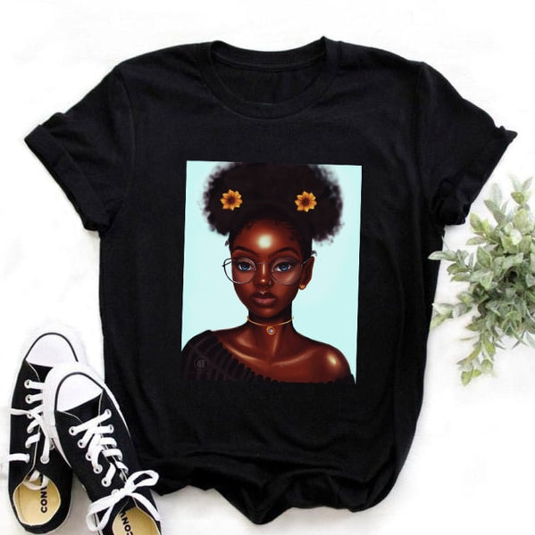 ZOGANKIN Female Summer Fashion Short Sleeve Tshirts Cool Melanin Black Girl Graphic Printed Women Black T-shirt Casual Tops Tee