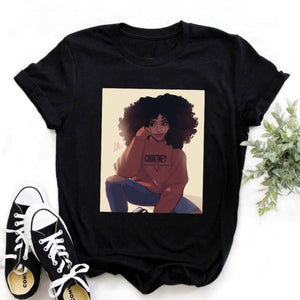 ZOGANKIN Female Summer Fashion Short Sleeve Tshirts Cool Melanin Black Girl Graphic Printed Women Black T-shirt Casual Tops Tee