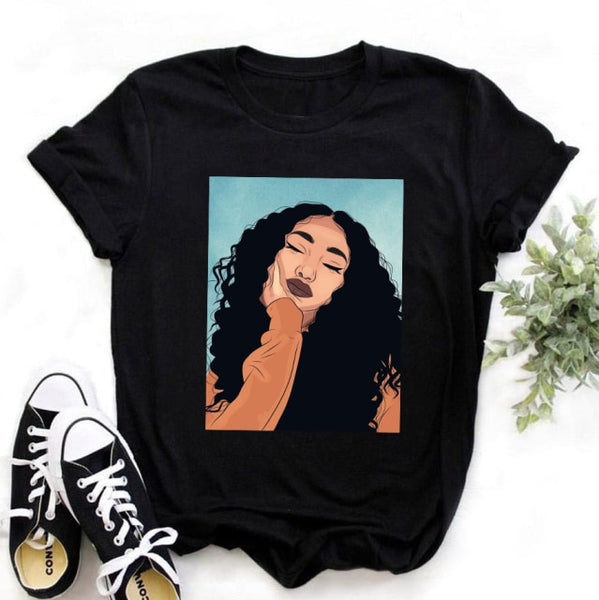 ZOGANKIN Female Summer Fashion Short Sleeve Tshirts Cool Melanin Black Girl Graphic Printed Women Black T-shirt Casual Tops Tee