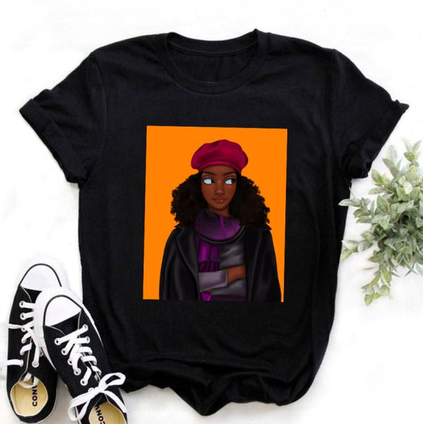 ZOGANKIN Female Summer Fashion Short Sleeve Tshirts Cool Melanin Black Girl Graphic Printed Women Black T-shirt Casual Tops Tee